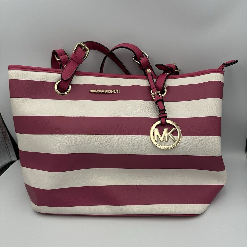 Michael Kors Jet Set Pink White Striped Tote Shoulder Bag Zip Top MK Charm - Picture 1 of 11